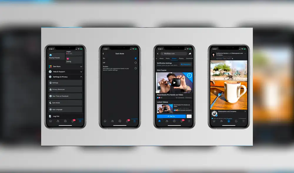 Facebook seleccionó a algunos usuarios para ser los primeros en tener el modo oscuro de la red social. Foto: Facebook.