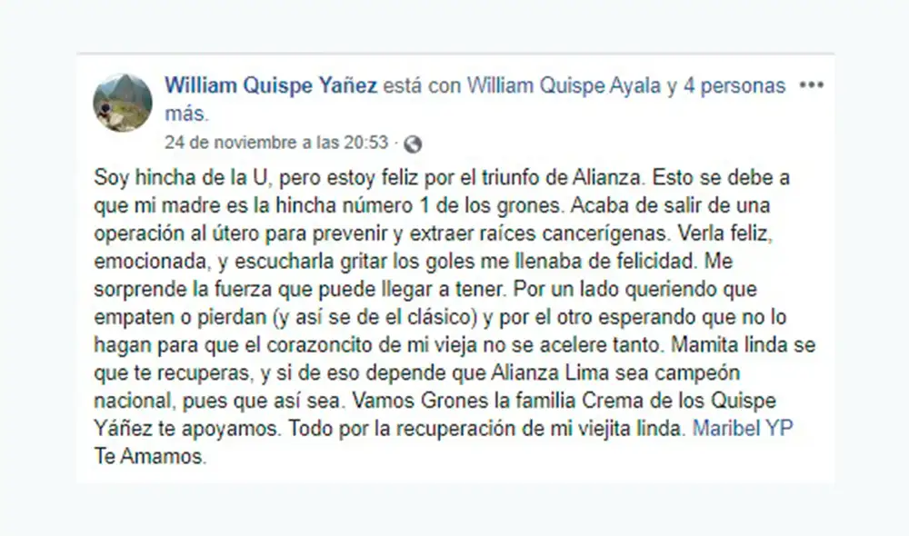 Alianza Lima: hincha de Universitario celebra triunfo 'íntimo' por estado de salud de su madre. Alianza Lima: hincha de Universitario celebra triunfo 'íntimo' por estado de salud de su madre.