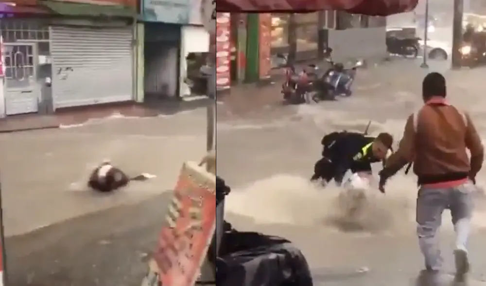 El joven patrullero que estaba presente en el zona se lanzó en medio de la corriente de agua para ayudarla. Foto y video: @FranciscoporBta
