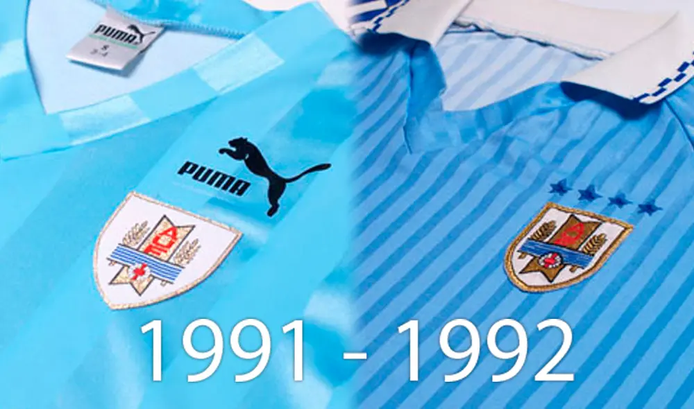 Camiseta de la selección uruguaya en 1991 (sin estrellas) y 1992 (con 4 estrellas). Foto: Composición LR/Football Vintage Shirts