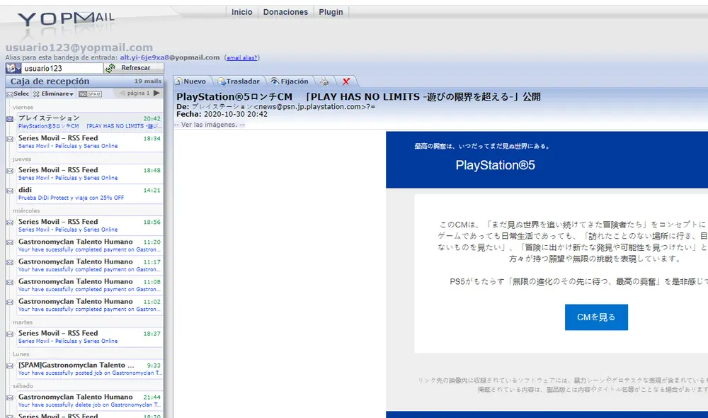 Yopmail, el sistema de mensajería intantánea que supera a Gmail. Foto: captura Yopmail