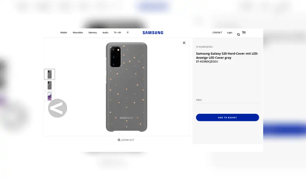 Página de soporte oficial de Samsung con el case para el Galaxy S20.