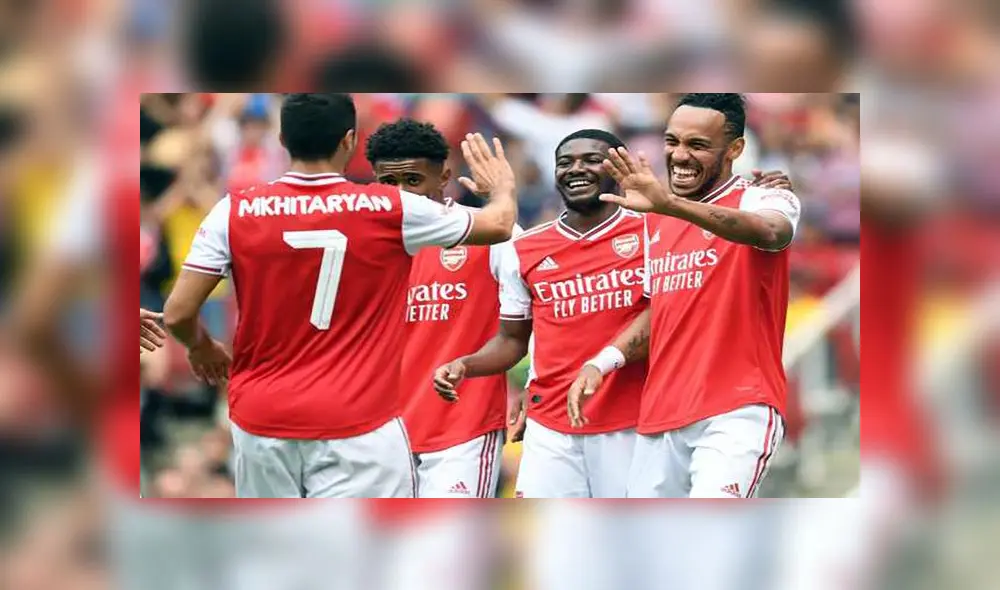 LONDON, ENGLAND - JULY 28: (R) Pierre-Emerick Aubameyang celebrates scoring Arsenal's goal with (L) Henrikh Mkhitaryan, (2ndL) Reiss Nelson and (2ndR) Ainsley Maitland-Niles during the Emirates Cup match between Arsenal and Olympic Lyonnais at Emirates Stadium on July 28, 2019 in London, England. (Photo by Stuart MacFarlane/Arsenal FC via Getty Images) LONDON, ENGLAND - JULY 28: (R) Pierre-Emerick Aubameyang celebrates scoring Arsenal's goal with (L) Henrikh Mkhitaryan, (2ndL) Reiss Nelson and (2ndR) Ainsley Maitland-Niles during the Emirates Cup match between Arsenal and Olympic Lyonnais at Emirates Stadium on July 28, 2019 in London, England. (Photo by Stuart MacFarlane/Arsenal FC via Getty Images)