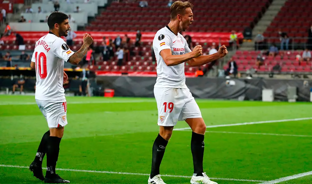 Al término del primer tiempo, Sevilla e Inter empatan 2-2. De Jong marcó los dos tantos del cuadro español. Foto: @UEFAcom_es