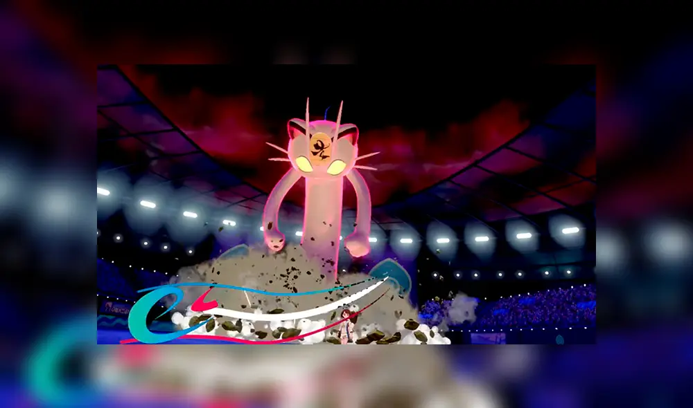 Meowth con el Gigamax en un combate dentro de Pokémon Espada y Escudo.