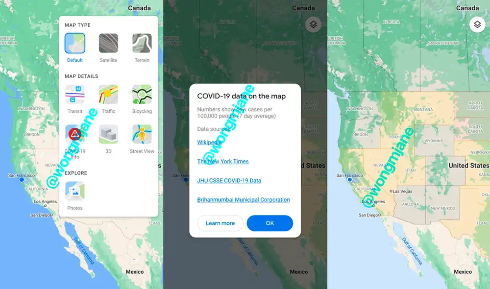 La nueva interfaz de Google Maps con la integración del apartado de COVID-19. | Foto: Jane Manchun Wong / Twitter