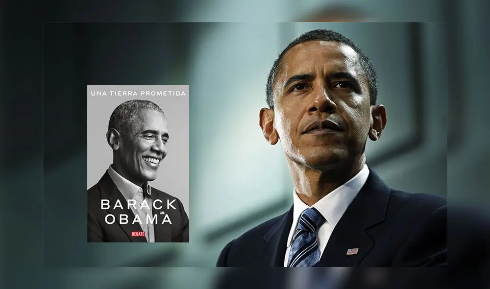 Expresidente estadounidense Barack Obama junto a la portada de sus memorias