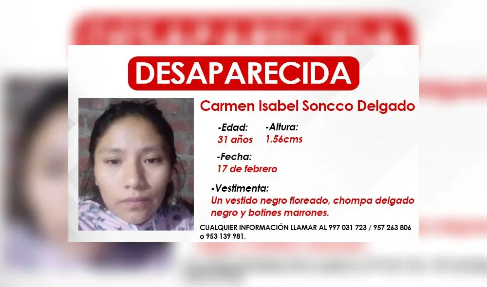 Carmen Isabel Soncco Delgado (31) lleva más de una semana desaparecida.