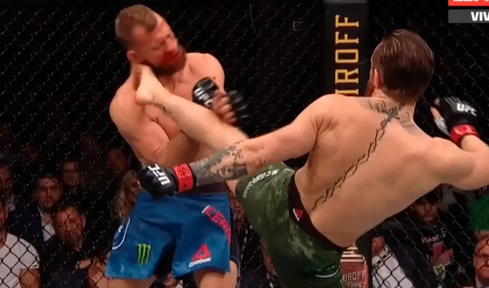 Conor McGregor le propinó una brutal patada a Cowboy Cerrone y lo venció en 40 segundos en el UFC 246. | Foto: ESPN Conor McGregor le propinó una brutal patada a Cowboy Cerrone y lo venció en 40 segundos en el UFC 246. | Foto: ESPN