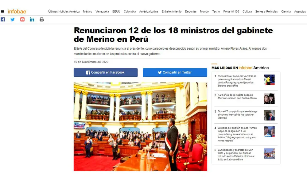 Infobae prioriza el alejamiento de los ministros con el régimen Merino. Foto: Captura de Infobae Infobae prioriza el alejamiento de los ministros con el régimen Merino. Foto: Captura de Infobae