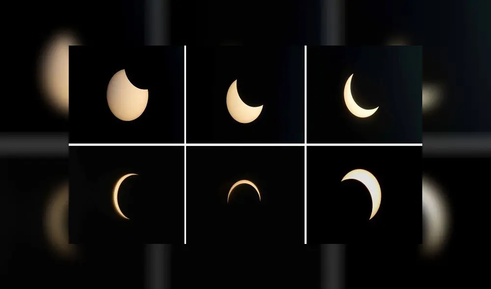 (COMBO) This combination of pictures created on June 21, 2020 shows the moon moving in front of the sun during an annular solar eclipse as seen from Lahore on June 21, 2020. (Photo by Arif ALI / AFP)