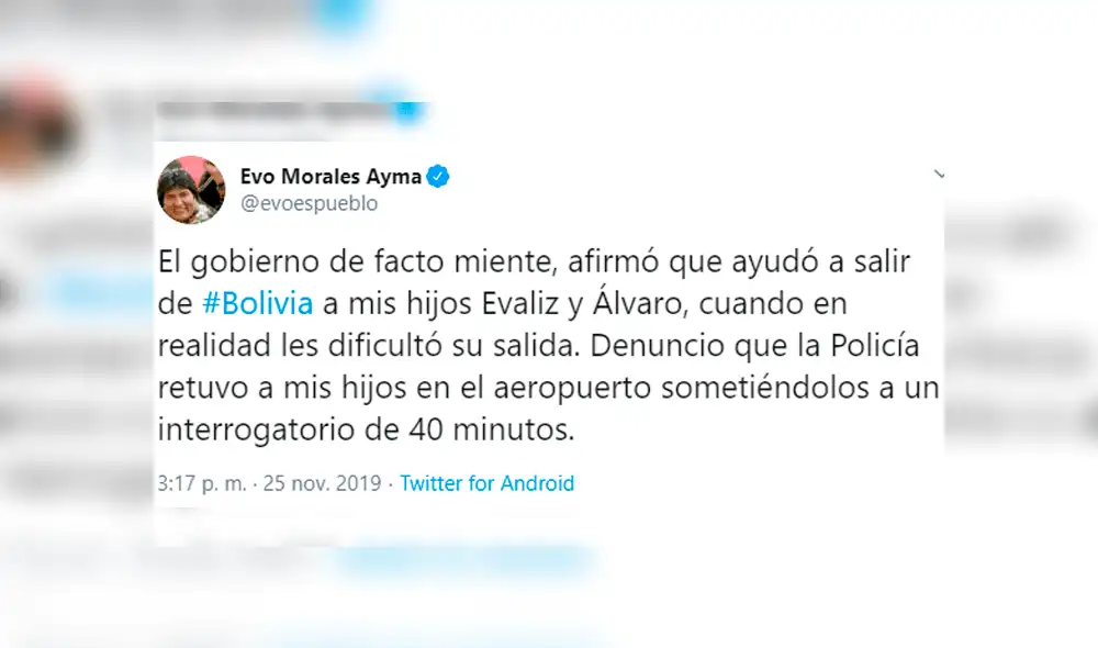 Evo Morales se pronunció en Twitter sobre la salida de sus hijos de Bolivia. Foto: Twitter Evo Morales se pronunció en Twitter sobre la salida de sus hijos de Bolivia. Foto: Twitter