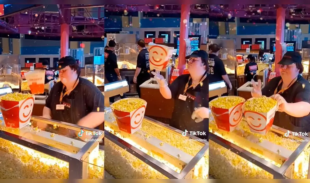 Joven impresiona a cliente al servir su balde de popcorn. Foto: composición LR/captura de TikTok/@oandarle Joven impresiona a cliente al servir su balde de popcorn. Foto: composición LR/captura de TikTok/@oandarle