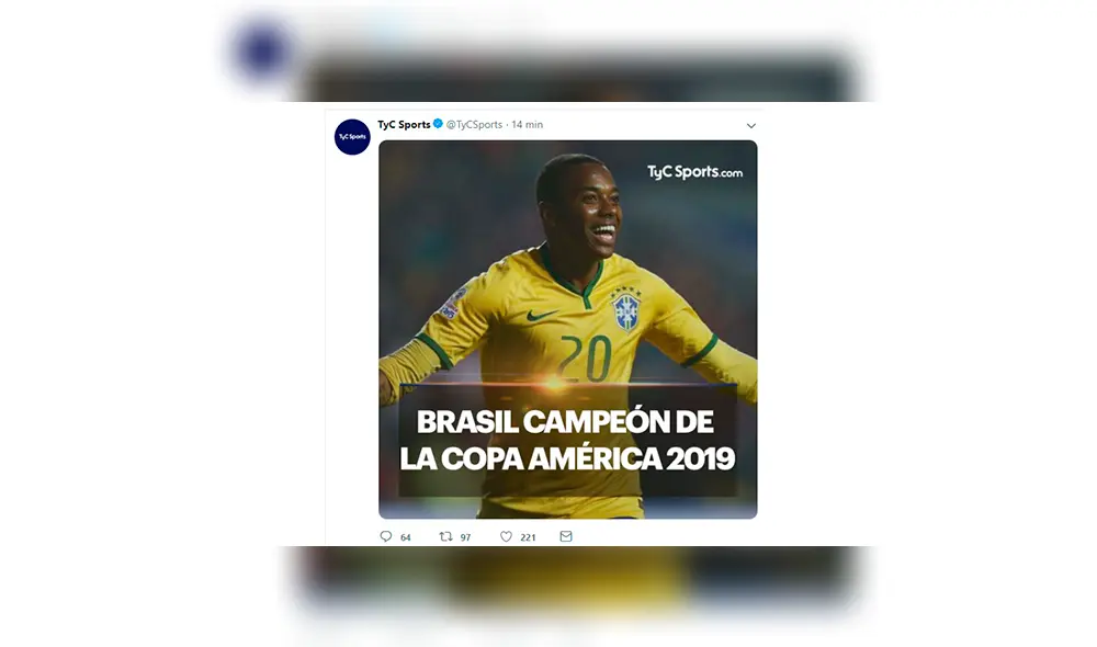 Brasil campeón de la Copa América 2019: TyC Sports felicitó al Scratch con polémico mensaje. Brasil campeón de la Copa América 2019: TyC Sports felicitó al Scratch con polémico mensaje.