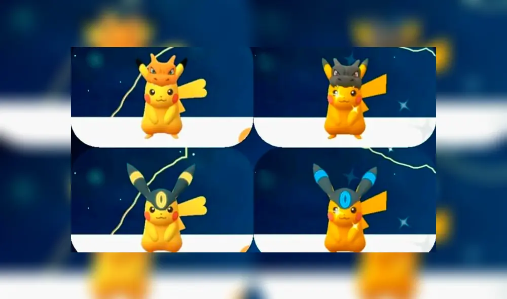 Pikachu con gorros de Umbreon y Charizard.
