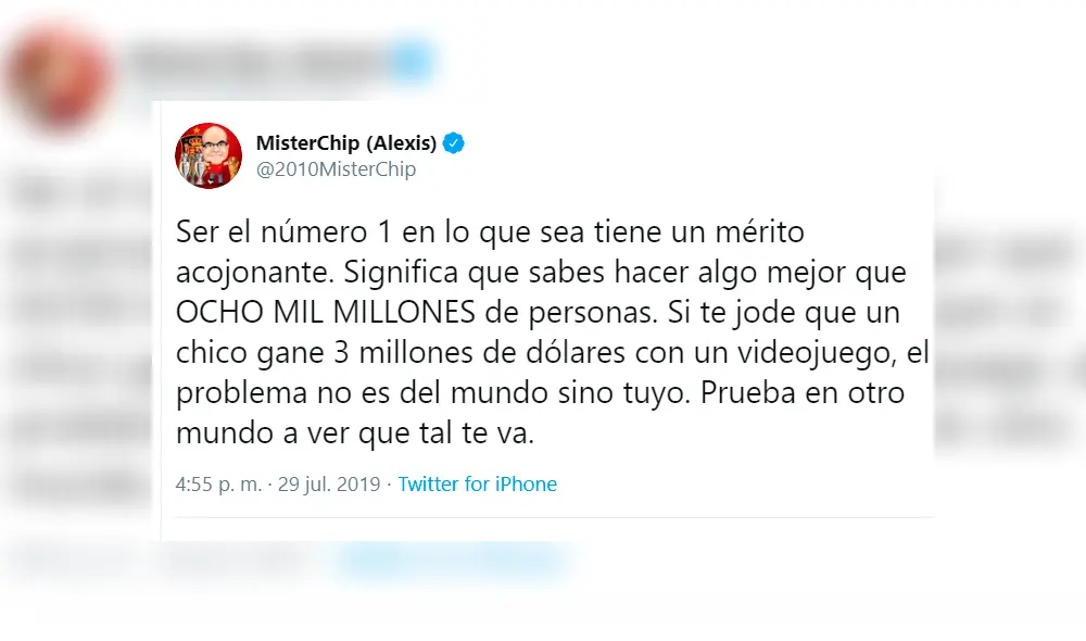 Mister Chip arremete contra los que criticaron los 3 millones de dólares que se ganó el campéon mundial de Fortnite.