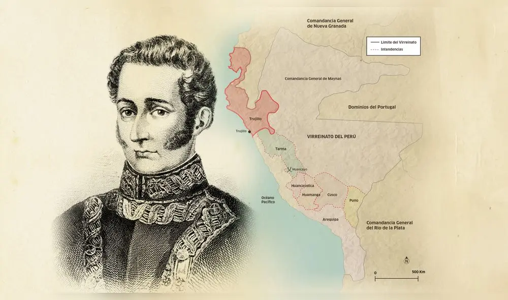 MUY NOBLE Y LEAL . José Bernardo de Tagle –marqués de Torre Tagle– había heredado una fortuna solo superada por sus contactos. En Lima, lo que fue su residencia es actualmente sede del Ministerio de Relaciones Exteriores. La Intendencia de Trujillo a su cargo a fines de 1820 se extendía desde el puerto de Guayaquil hasta los actuales departamentos de Amazonas, Cajamarca, Tumbes, Piura, Lambayeque y La Libertad.
Infografía: Alejandro Alemán. Dibujo de Torre Tagle Fuente: Repositorio Institucional de la PUCP. MUY NOBLE Y LEAL . José Bernardo de Tagle –marqués de Torre Tagle– había heredado una fortuna solo superada por sus contactos. En Lima, lo que fue su residencia es actualmente sede del Ministerio de Relaciones Exteriores. La Intendencia de Trujillo a su cargo a fines de 1820 se extendía desde el puerto de Guayaquil hasta los actuales departamentos de Amazonas, Cajamarca, Tumbes, Piura, Lambayeque y La Libertad.
Infografía: Alejandro Alemán. Dibujo de Torre Tagle Fuente: Repositorio Institucional de la PUCP.
