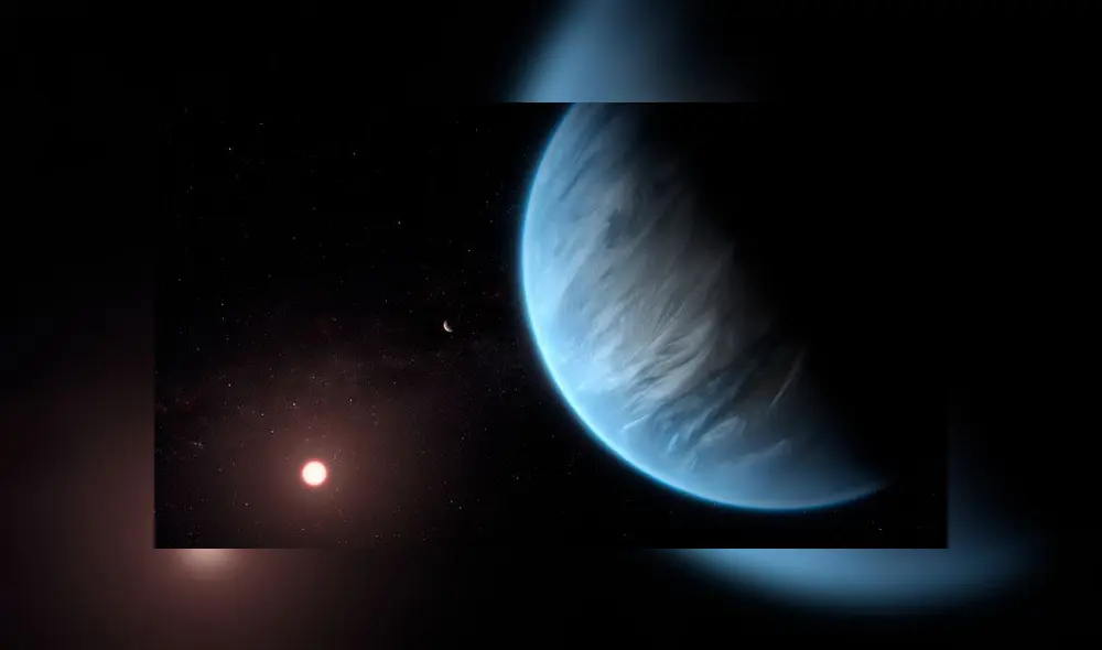 Representación del planeta K2-18b, que alberga vapor de agua en su atmósfera. Imagen: ESA/Hubble.