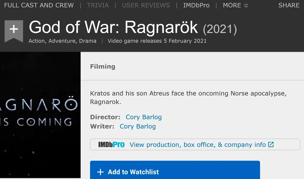 God of War Ragnarök se estrenaría el 5 de febrero de 2021, según IMDb. Foto: Twitter God of War Ragnarök se estrenaría el 5 de febrero de 2021, según IMDb. Foto: Twitter