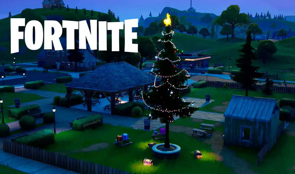 Completa el desafío Baila frente a árboles de Navidad en Fortnite y recibe como recompensa el Grafiti Arremetida Ártica y 10.000 puntos de experiencia de Temporada. Foto: Twitter