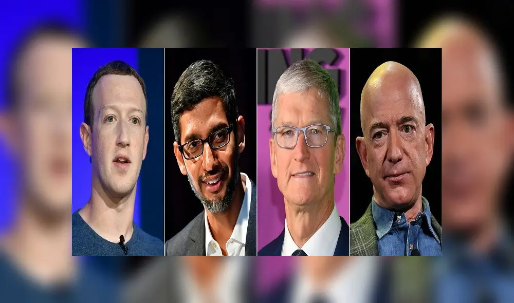 (COMBO) This combination of pictures created on July 07, 2020 shows (L-R) Facebook CEO Mark Zuckerberg in Paris on May 23, 2018, Google CEO Sundar Pichai Berlin on January 22, 2019, Apple CEO Tim Cook on October 28, 2019 in New York and Amazon Founder and CEO Jeff Bezos in Las Vegas, Nevada on June 6, 2019. - US lawmakers will grill the chiefs of Amazon, Apple, Facebook and Google on July 29 about how they wield marketplace power in what promises to be a rare political spectacle. The House of Representatives hearing comes amid rising concerns over Big Tech dominance, which has become even more pronounced during the coronavirus pandemic. The CEOs of four of the world's most powerful companies will testify remotely, less than 100 days before the US election. (Photos by AFP)