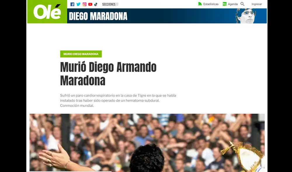 Olé informó así sobre la muerte de Diego Armando Maradona. Foto: captura