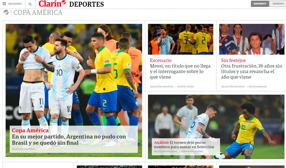 Prensa argentina reaccionó tras la eliminación de su selección ante Brasil en la Copa América 2019. | Foto: Clarín Prensa argentina reaccionó tras la eliminación de su selección ante Brasil en la Copa América 2019. | Foto: Clarín