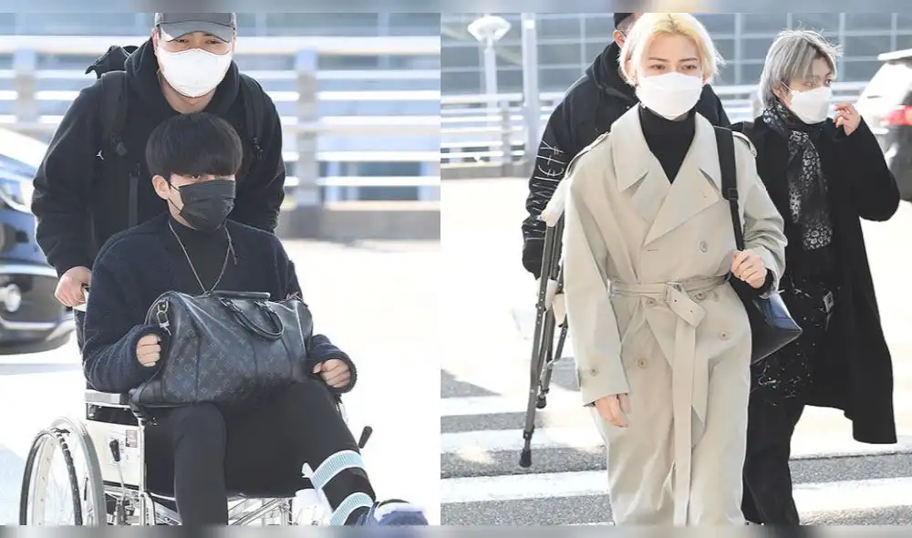 ATEEZ en el aeropuerto de Incheon, antes de abordar vuelo a España. Jongho se recupera de una fractura en la pierna.