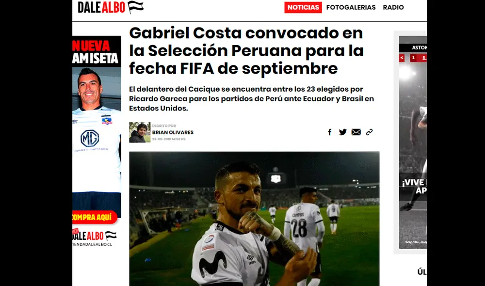 Así informó la prensa chilena sobre la convocatoria de Gabriel Costa a la selección peruana.