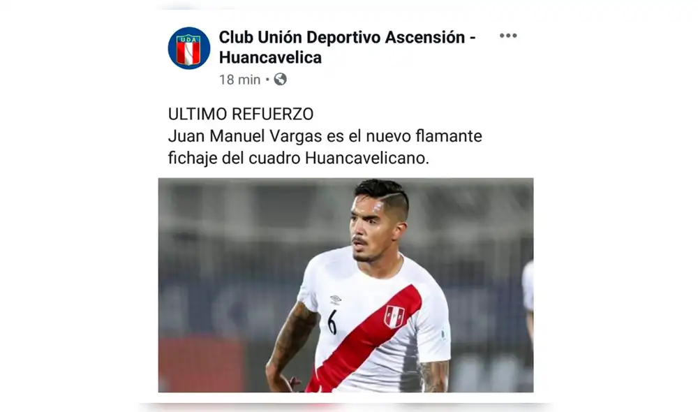 Juan Manuel Vargas fue vinculado al Club Unión Deportivo Ascensión de Huancavelica que milita en la Copa Perú. Juan Manuel Vargas fue vinculado al Club Unión Deportivo Ascensión de Huancavelica que milita en la Copa Perú.
