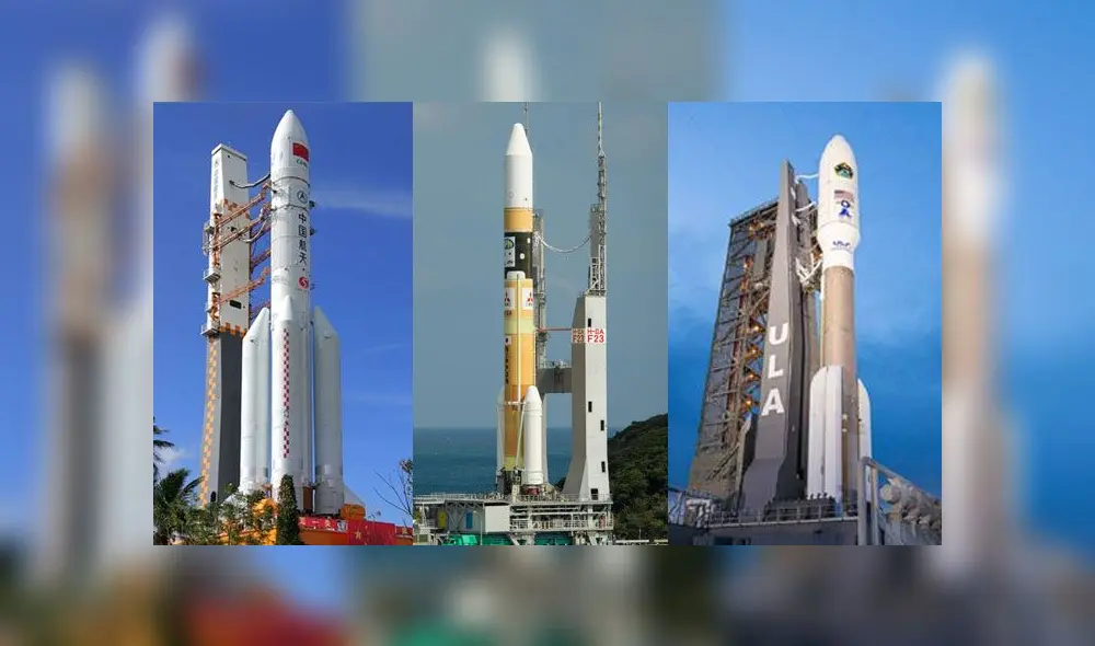 De izquierda a derecha: cohetes que lanzarán naves de China, Emiratos Árabes y Estados Unidos (NASA). Fotos: Xinhua / NASA. De izquierda a derecha: cohetes que lanzarán naves de China, Emiratos Árabes y Estados Unidos (NASA). Fotos: Xinhua / NASA.