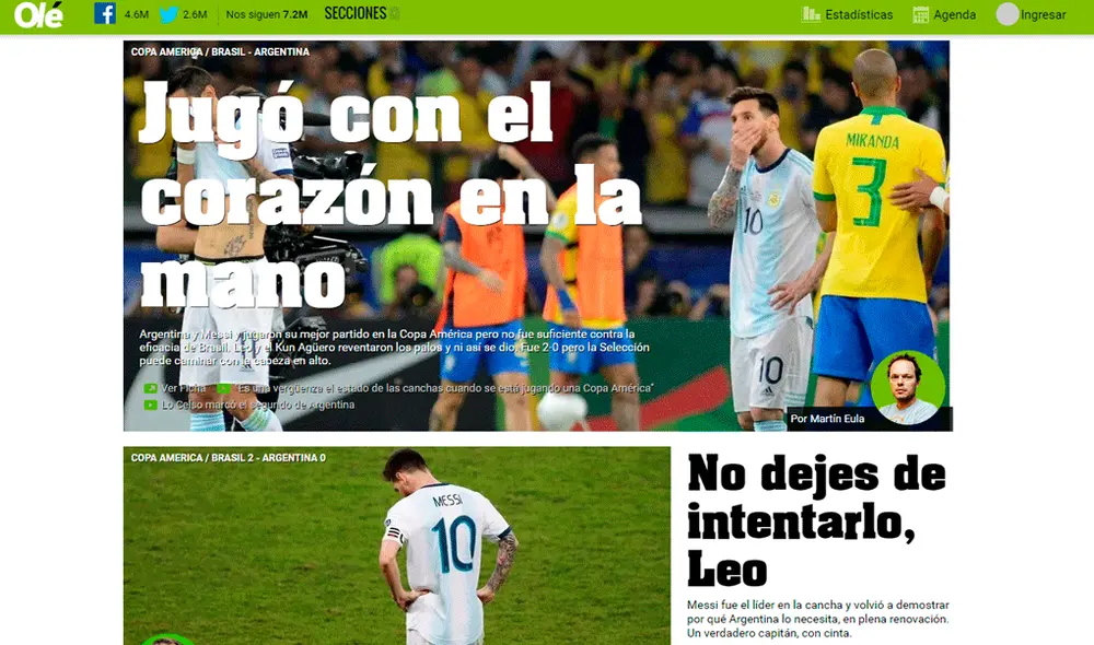 Prensa argentina reaccionó tras la eliminación de su selección ante Brasil en la Copa América 2019. | Foto: Olé Prensa argentina reaccionó tras la eliminación de su selección ante Brasil en la Copa América 2019. | Foto: Olé