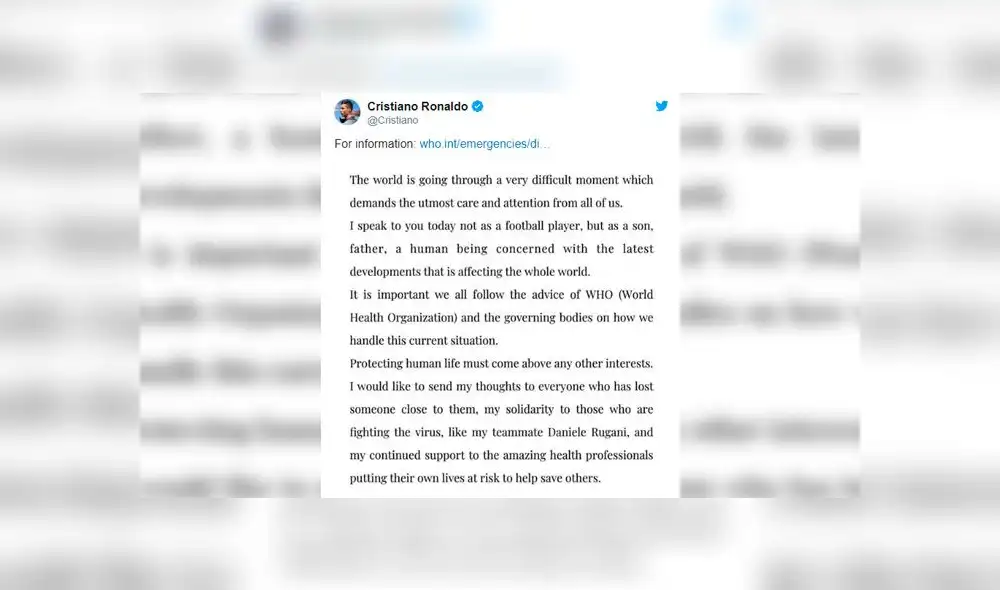 Cristiano Ronaldo tras abandonar Italia por el coronavirus: “Proteger la vida humana está por encima de cualquier otro interés”  