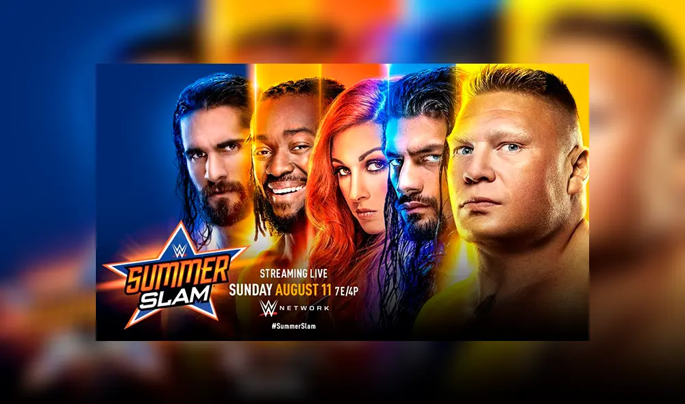 Brock Lesnar, Seth Rollins, Becky Lynch, Roman Reigns y Kofi Kingston en el poster oficial del evento. Créditos: WWE