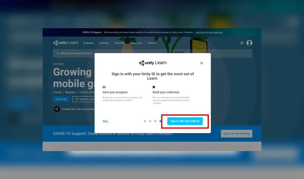 Desde aquí, será necesario crearte una cuenta gratuita de Unity para descargar el programa. El curso estará añadido a tu cuenta y podrás ver los videos de manera online.