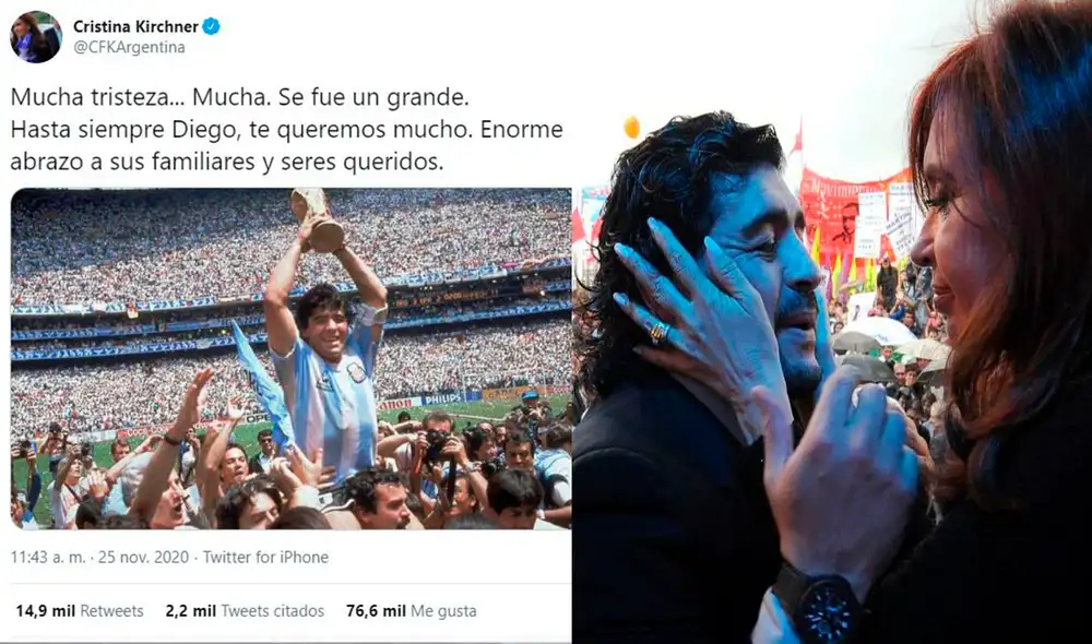 Cristina Fenández dedica mensaje a Maradona en sus redes sociales. Foto: Composición LR Cristina Fenández dedica mensaje a Maradona en sus redes sociales. Foto: Composición LR