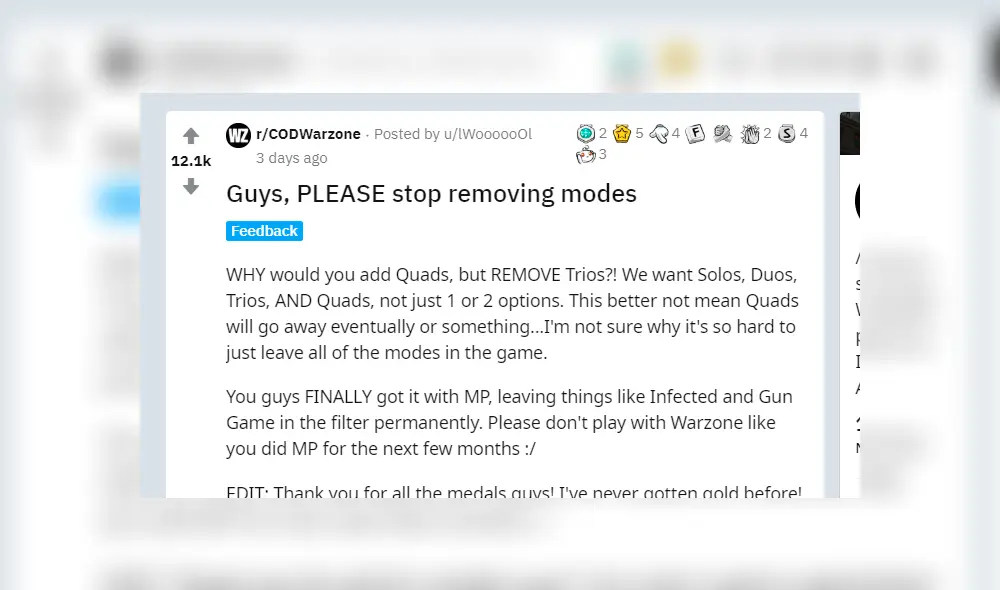 Tras la última actualización, Infinity Ward agregó el modo escuadrones para 4 personas, pero eliminó el modo tríos.