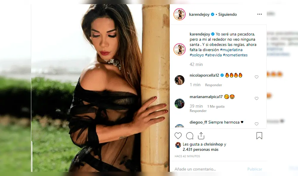 Karen Dejo alborota Instagram en transparencias y Nicola Porcella le deja peculiar mensaje