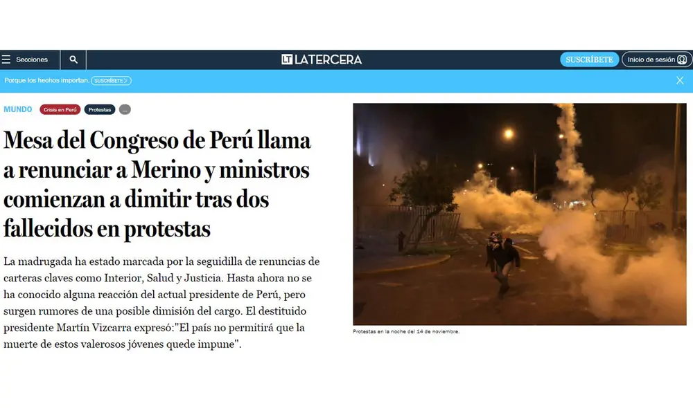 La Tercera de Chile también resaltó la renuncia de los ministros. Foto: Captura de La Tercera La Tercera de Chile también resaltó la renuncia de los ministros. Foto: Captura de La Tercera