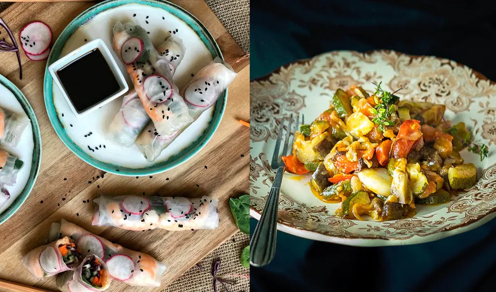 Los rollitos de verduras y langostinos y el ratatouille son dos excelentes opciones de comidas saludables. Foto: composición / Directo al paladar Los rollitos de verduras y langostinos y el ratatouille son dos excelentes opciones de comidas saludables. Foto: composición / Directo al paladar