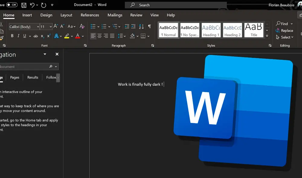 El nuevo modo oscuro de Microsoft Word permitiría tener una hoja completamente opaca, así como casi todo elemento de la interfaz. Foto: Twitter