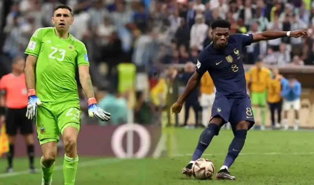 'Dibu' Martínez atajó un disparo en los penales ante Francia, mientras que otro Tchouameni lo envió afuera. Foto: composición GLR/AFP