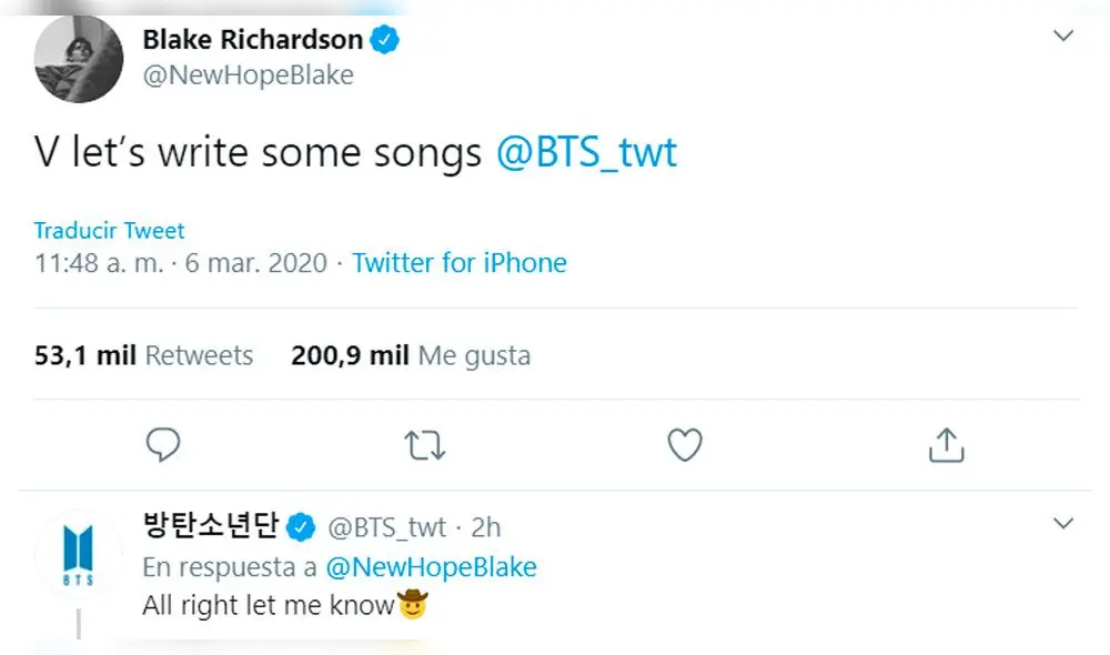 Taehyung respondió a la invitación de Blake en Twitter. Taehyung respondió a la invitación de Blake en Twitter.