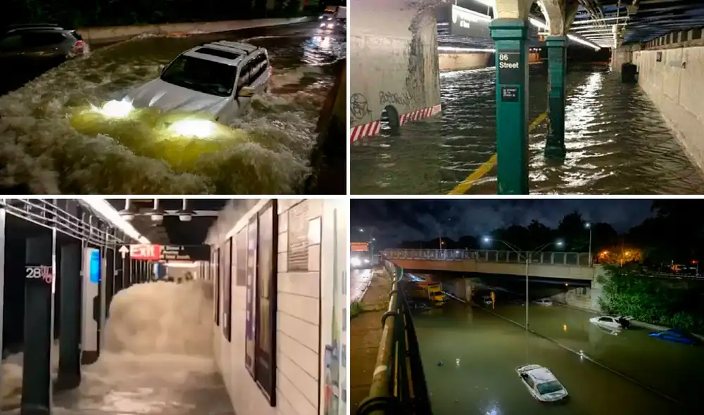 Calles y estaciones del metro de Nueva York quedaron inundadas tras el paso del huracán Ida. Foto: composición / AFP