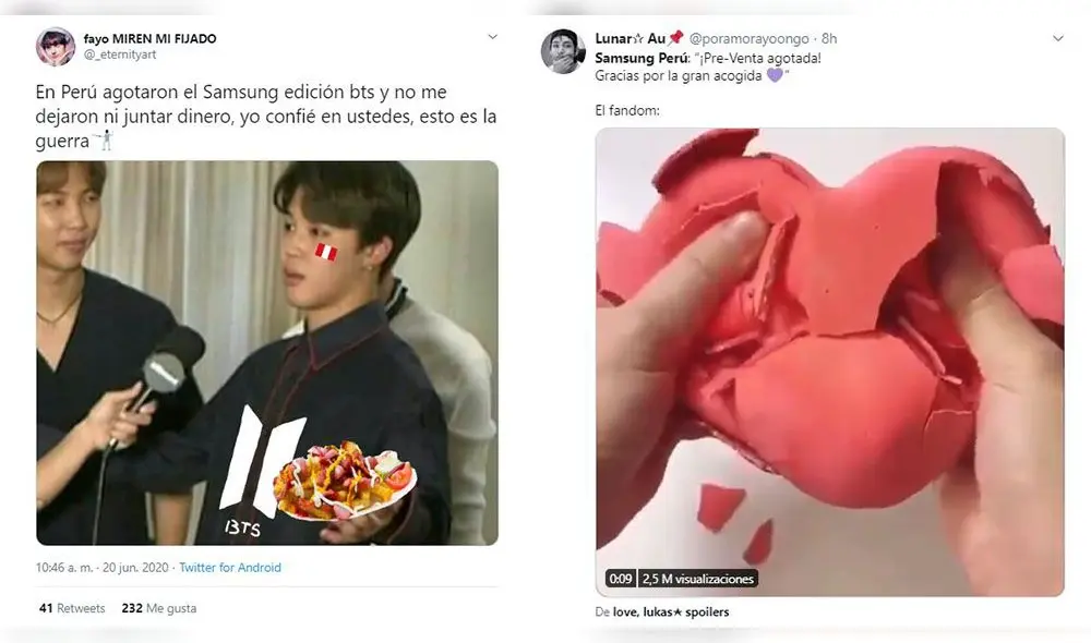 Reacciones de fans al lanzamiento del Galaxy S20+ BTS Edition. Foto: captura Twitter.