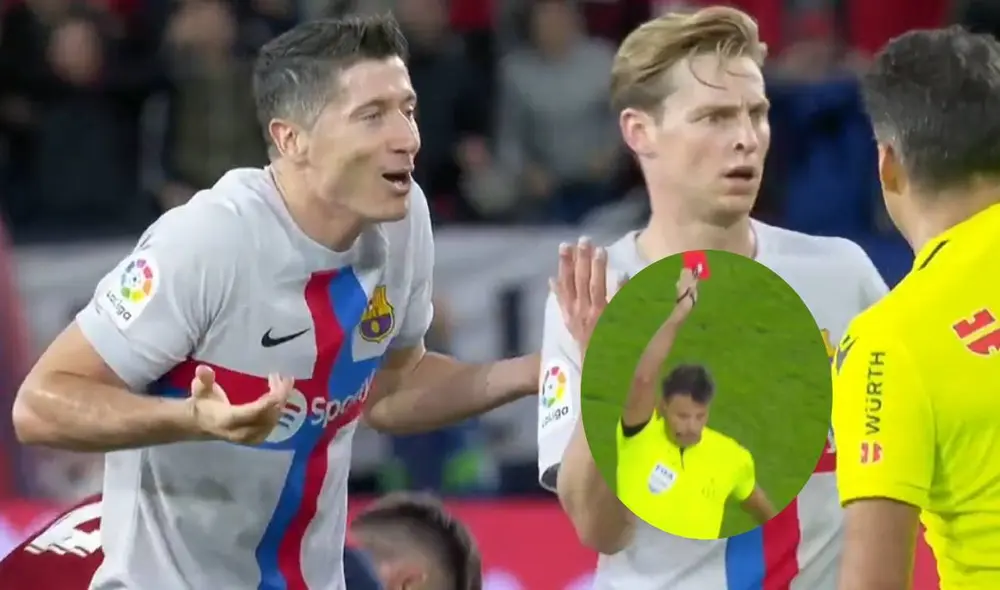 Lewandowski protestando por su expulsión. De Jong no podía creer lo que sucedía con el delantero. Foto: composición/captura ESPN