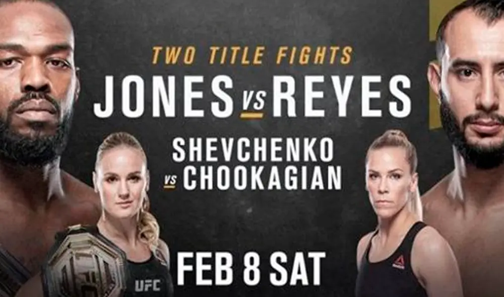 UFC 247 se desarrollará este sábado 8 de febrero con dos peleas estelares. Jon Jones (campeón peso semipesado) y Valentina Shevchenko (campeona peso mosca) defenderán sus títulos ante Dominick Reyes y Katlyn Chookagian, respectivamente. UFC 247 se desarrollará este sábado 8 de febrero con dos peleas estelares. Jon Jones (campeón peso semipesado) y Valentina Shevchenko (campeona peso mosca) defenderán sus títulos ante Dominick Reyes y Katlyn Chookagian, respectivamente.