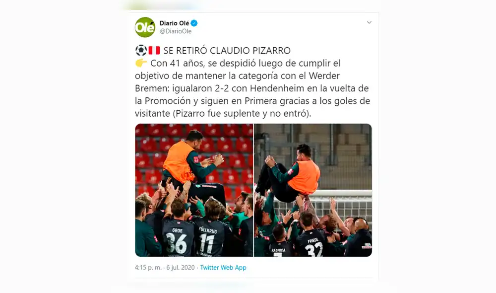 Claudio Pizarro recibe homenaje de prensa internacional tras retirarse del fútbol.