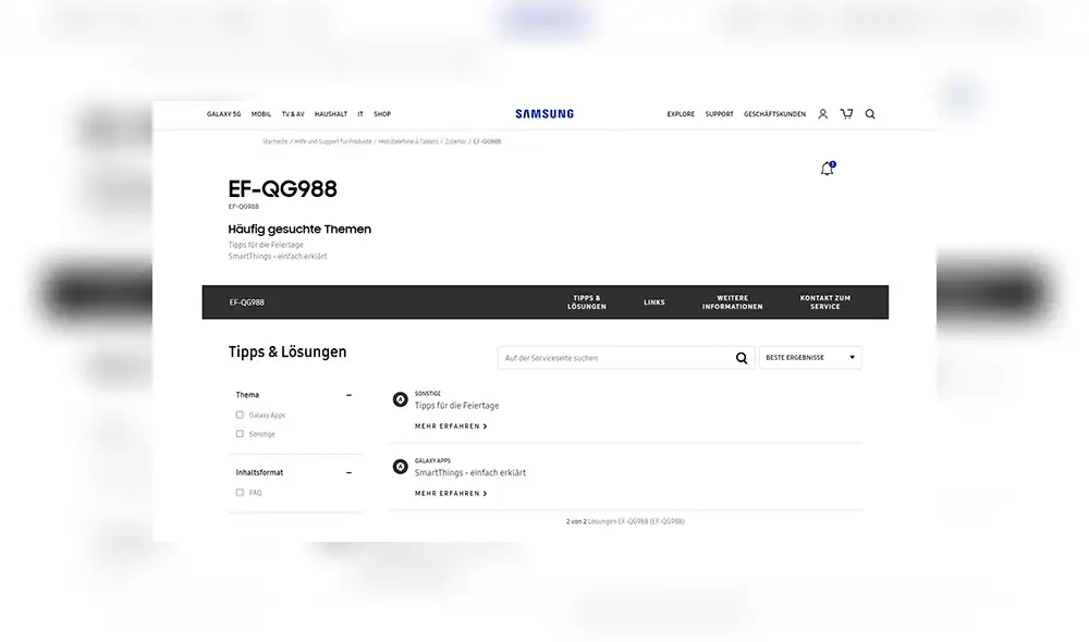 Página de soporte oficial de Samsung con un accesorio que correspondería al Galaxy S20 Ultra.