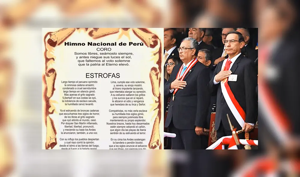 El presidente del Poder Judicial, Jose Luis Lecaros y el presidente de la República, Martín Vizcarra, cantando el Himno Nacional en la parada militar del 2019. (Foto: composición Red Viajes / Caretas)